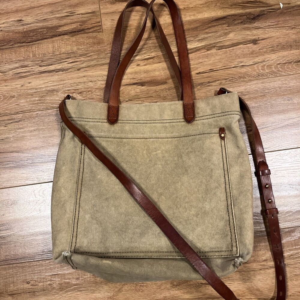 Madewell Leather Straps Canvas Tote Bag Handbag Large Taupe NICE!